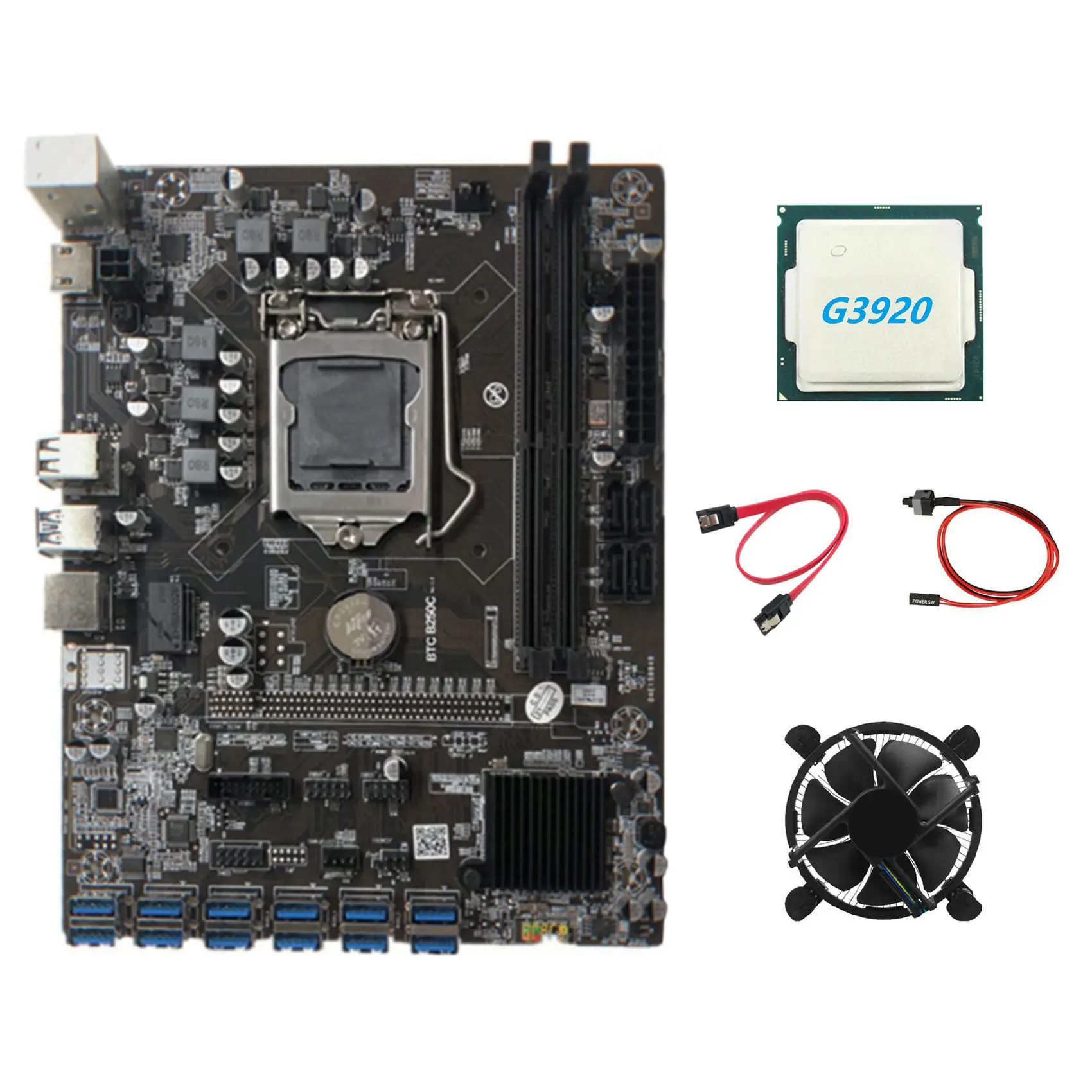 

B250C BTC Mining Motherboard with G3920 or G3930 CPU CPU+Fan+SATA Cable+Switch Cable 12XPCIE to USB3.0 GPU Slot Support DDR4 DIM