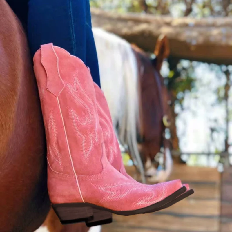 

Vintage Embroidered Wedge Western Cowgirl Knee High Boots Pink Cowboy Boots 2022 Fashion Ladies Slip On Shoes Bota Feminina