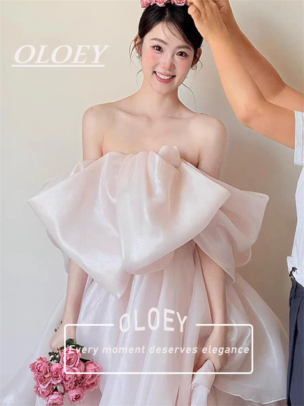 Фото OLOEY Fairy Baby Розовое вечернее платье трапециевидной формы для выпускного вечера с открытыми плечами из шелковистой органзы Корейское вечернее платье для свадебной фотосессии №3