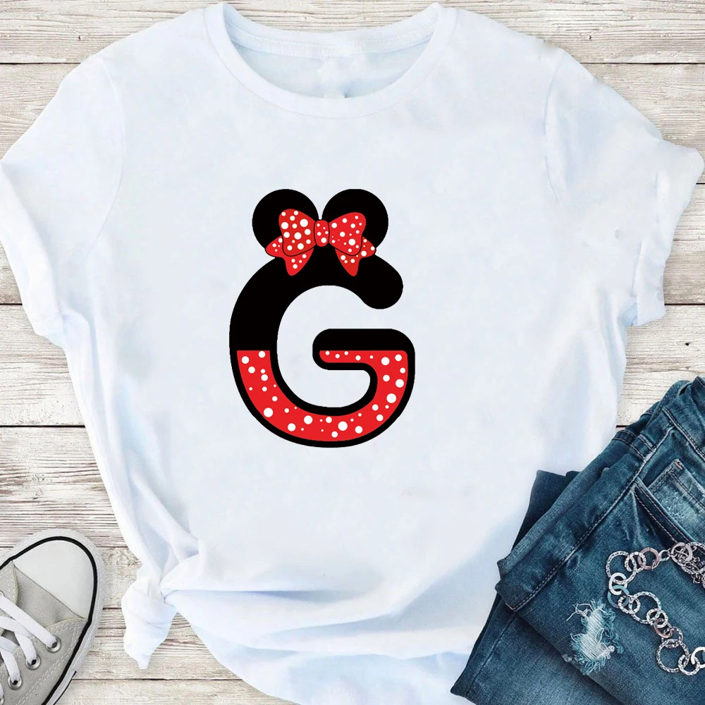 

Summer Tshirts Lady Alphabet Letter Bowknot Graphic Printing T Shirt Tops Kawaii Fashion Short Sleeve T-shirts Women Clothing