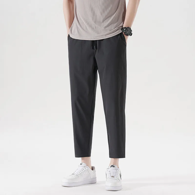 

New Summer Men'S Casual Ice Silk Pants Korean Trend Loose Straight Tube Thin Harlan Trousers Quick Drying 9-Point Sweatpants