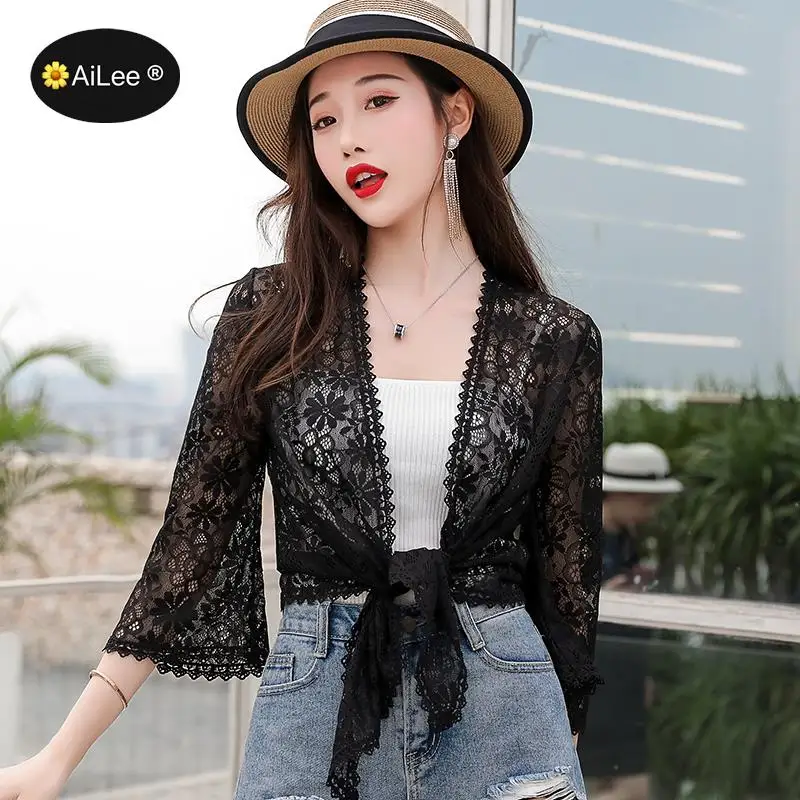 

Women Thin Basic Coat Summer Style Women Perspective Shawl Fashion Hollow Out Lace Boleros Half Sleeve Coats Jackets Female