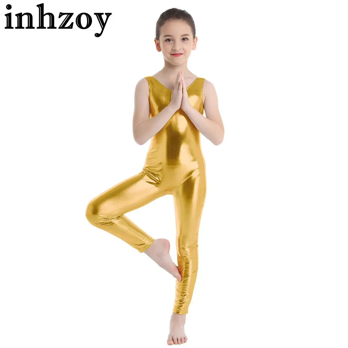 

Kids Girls Metallic Unitard Ballet Dance Gymnastics Sportswear Sleeveless Solid Color Shiny Leotard Jumpsuit Dance Room Uniform