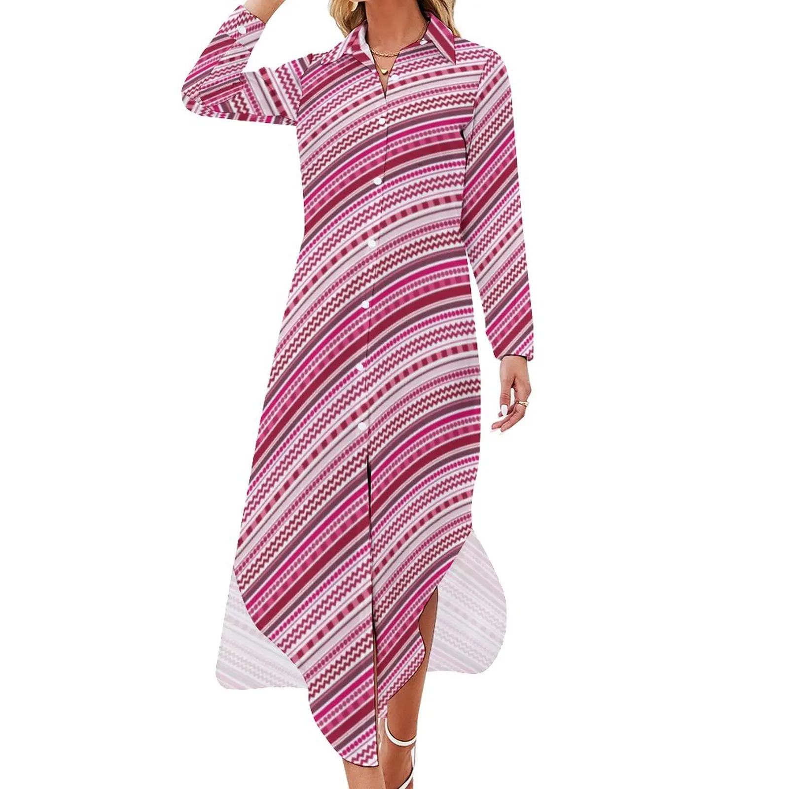 

Pink Dots And Stripes Chiffon Dress Funky Shades Print Elegant Dresses Ladies Long Sleeve Fashion V Neck Big Size Casual Dress