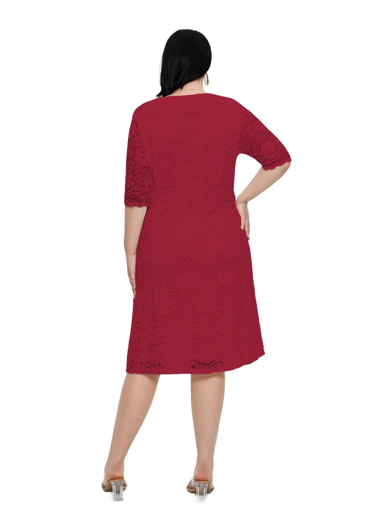 Large Evening Dress Short Dress Hollow Lace Dress long sleeve plus size women clothing fashion