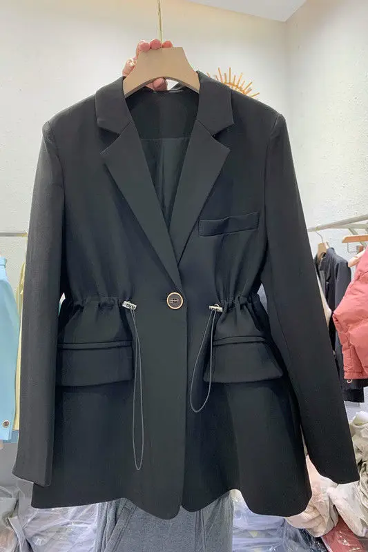 

SuperAen Spring 2022 New Slim Casual Drawstring Waist Notched Solid Office Lady Women's Long Lace-up Suit Jacket