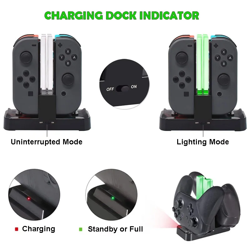 4 In1 For NS Nintend Switch Joy-Con &amp Pro Controller with Dual LED Light Indicator Gamepad Charging Dock Stand Station Charger |