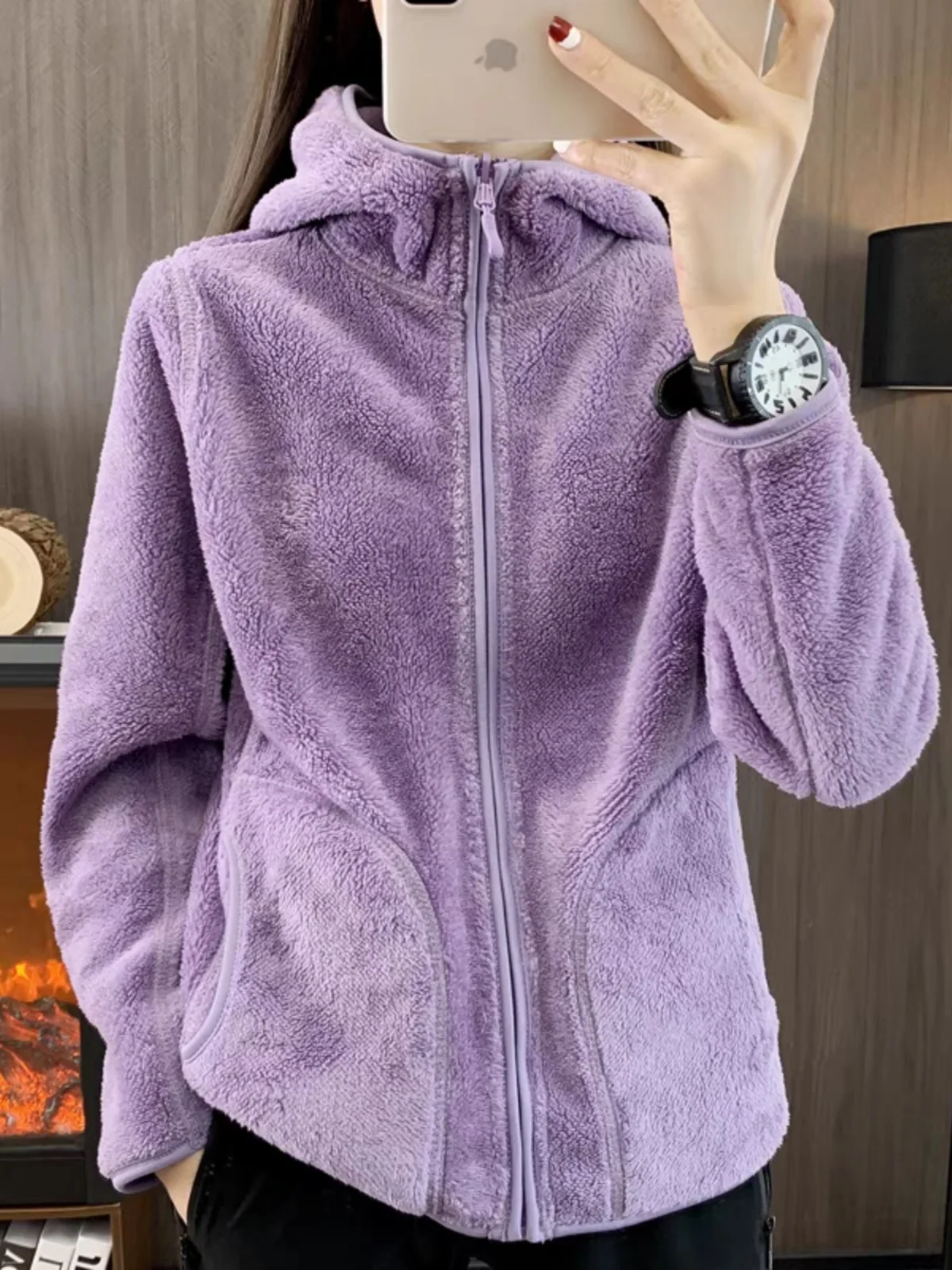 Двусторонняя толстовка на молнии с капюшоном женская короткая осень и зима 2024