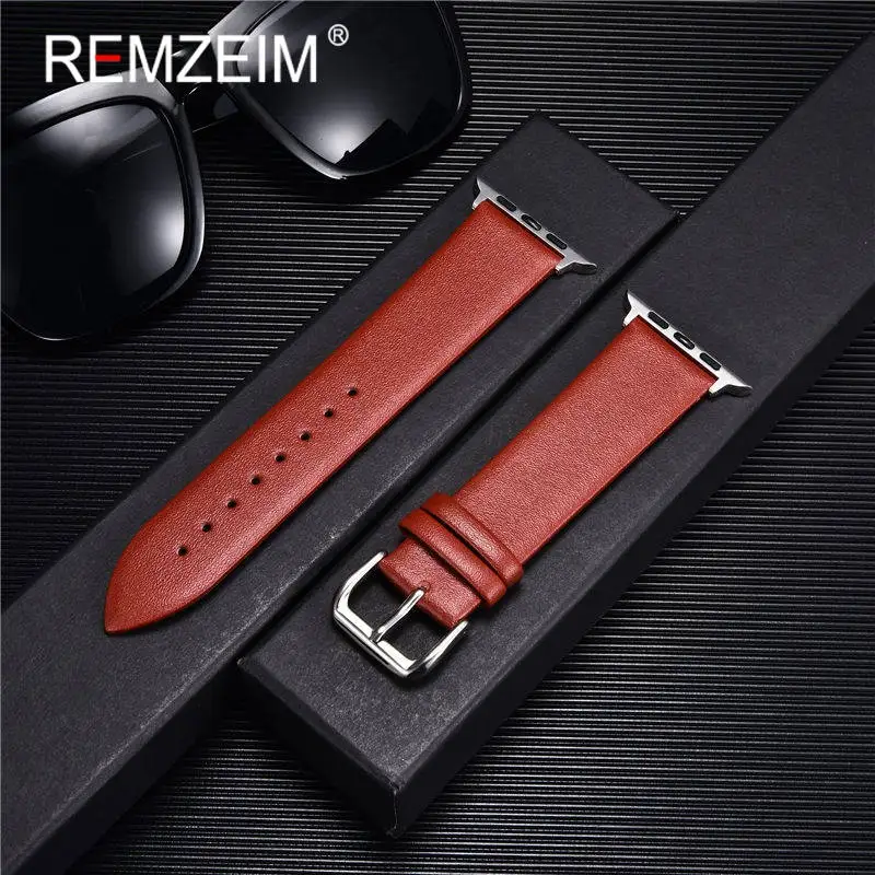 

Ремешок кожаный REMZEIM для Apple Watch Band 44 мм 40 мм 42 мм 38 мм 41 мм, браслет для часов iwatch Series 6 5 4 3 2 SE, 7 цветов