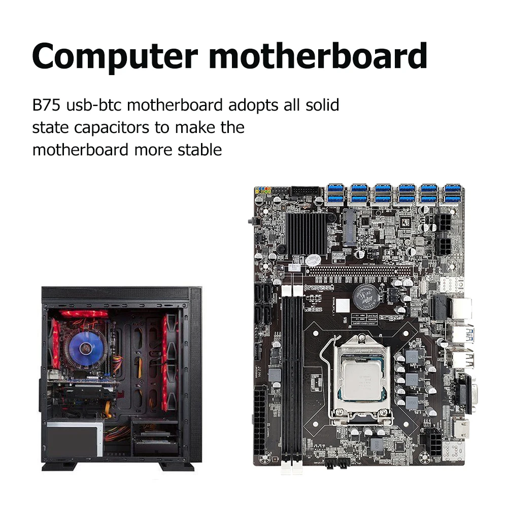 

B75 USB-BTC Mining Motherboard with 2DDR3 4G Memory Stick SATA Data Cable Bezel Kits Computer Components