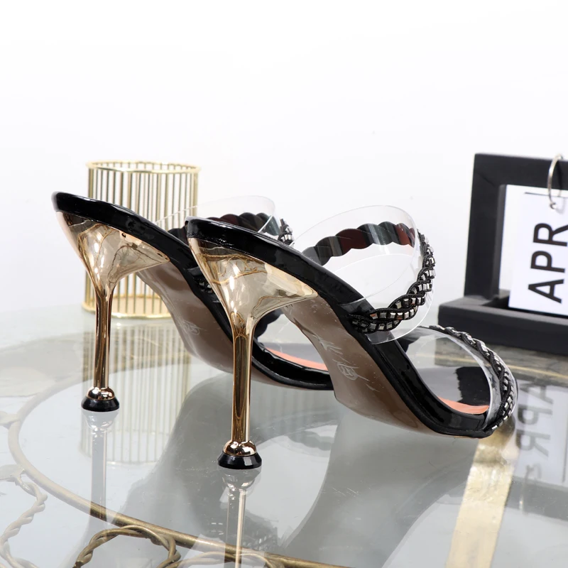 2023 summer pointy Rhinestone transparent thin high-heeled Open toe slippers shoes Joker simple plus size women sandals 9.5CM