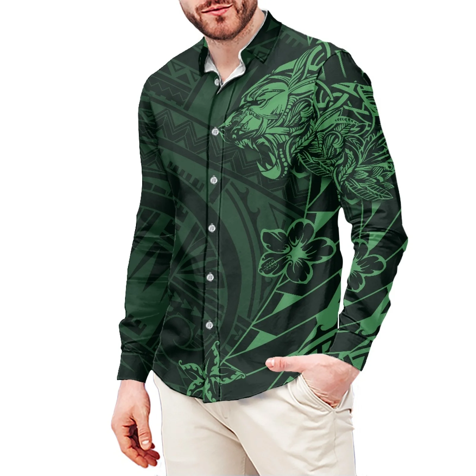 Green Tiger Head Tattoo Totem Printed T-Shirt For Men Polynesian Style Men's Shirt Stand-Up Collar Shirt 6XL Slim Long Sleeves