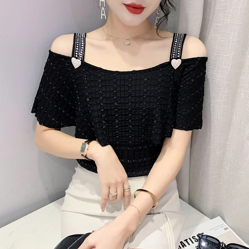 Женская футболка с открытыми плечами и коротким рукавом новинка 2022 летние модные