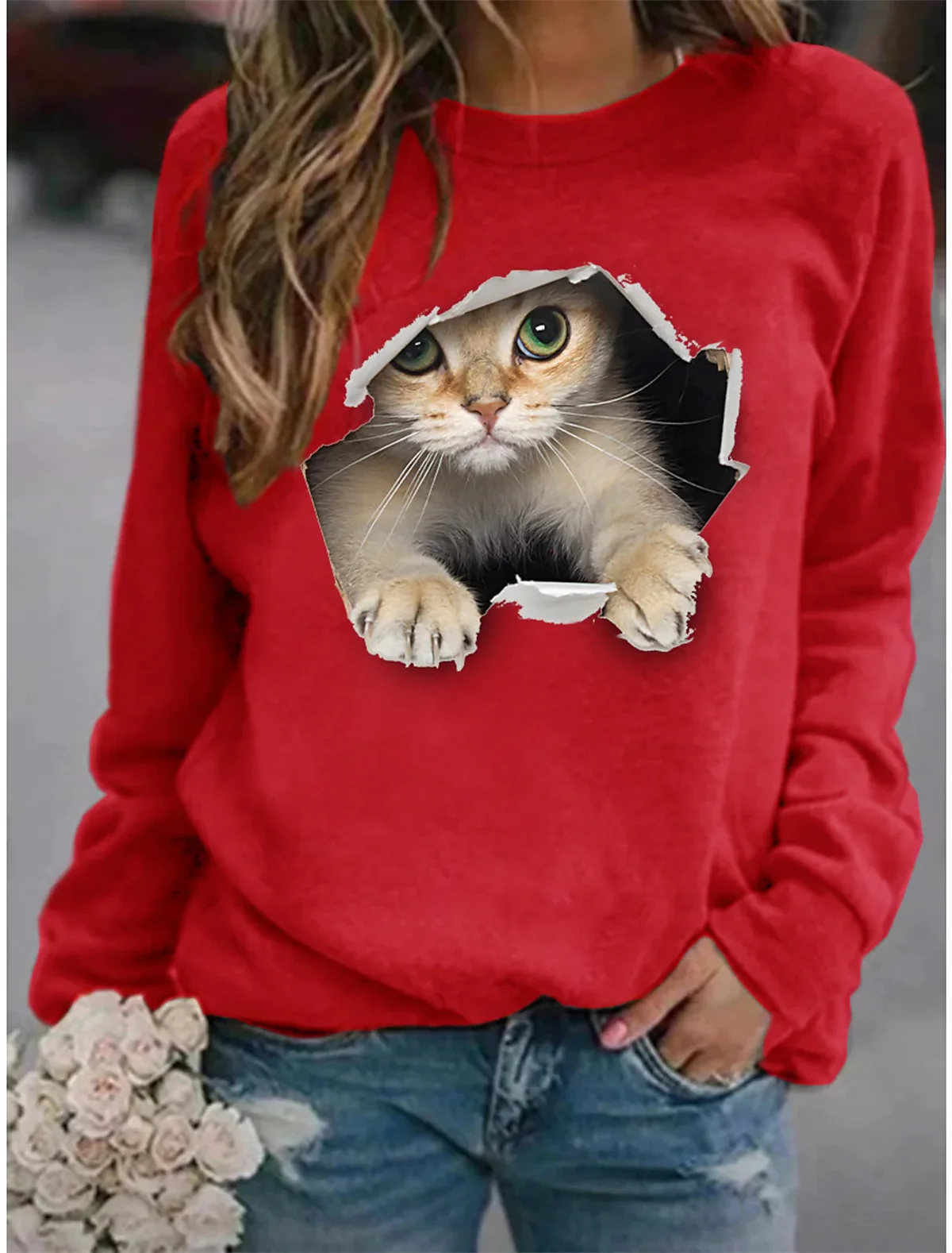 

New Women's Cotton Pullover Kitten 3D Animal 3D Printed Everyday Sports 3D Printed Cotton Active Street Chic Hoodie Sweater Whit