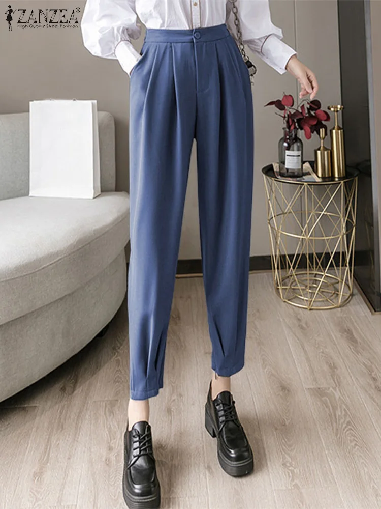 

ZANZEA Women Solid Color Cropped Pants Korean Fashion High Wasit Pleated Trousers 2023 Spring Casual Loose Office Lady Pantalon