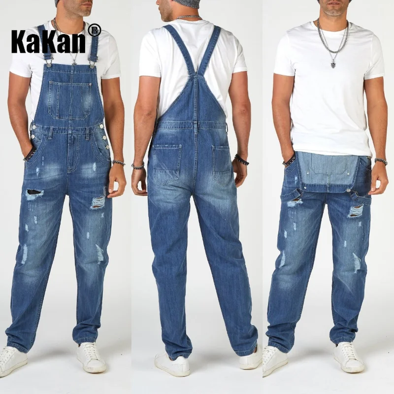 Kakan - New European and American Street Trendsetter with Torn Shoulder Strap Jeans, Dark Blue Men's Long Jeans K34-668