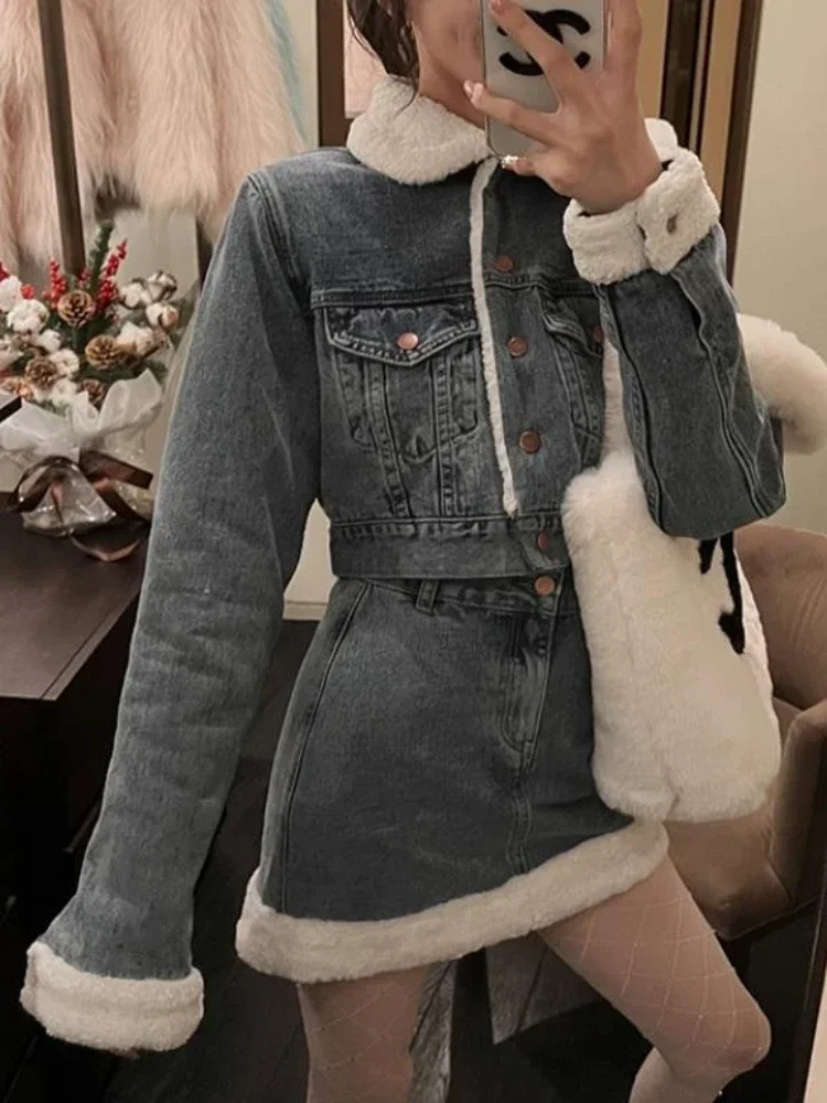 Женский джинсовый костюм из двух предметов джинсовая куртка с имитацией овечьей