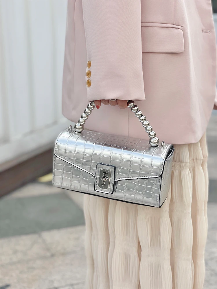 

New Trendy Silver Patent Leather Retro Crocodile Pattern Square Bag Women Top-Handle Handbag Lady Purse Shoulder Crossbody Bag