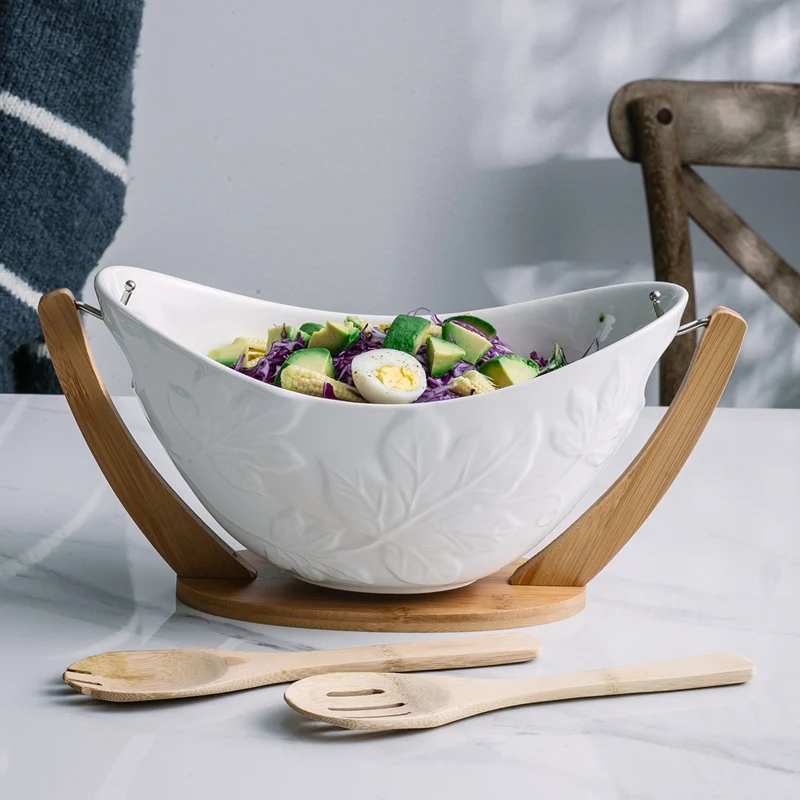 

Serving Deep Bowl For Salad Hanging Ceramics And Bamboo Salad Bowl With Stand Decorative Cradle Fruit Tray With Spoon