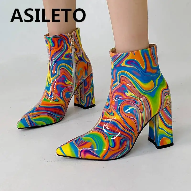 

ASILETO Design Shoes Womens Short Booties Pointed Toe Block Heel 9cm Zipper Mixed Color Big Size 43 Fashion Dating Boots S4304