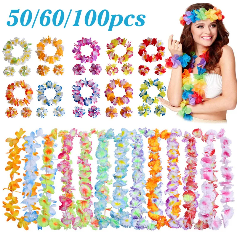 

40-100Pcs Hawaiian Wreath Hawaiian Leis Beach Party Artificial Flowers Garland Tropical Hawaii Luau Necklace Wedding Decoration