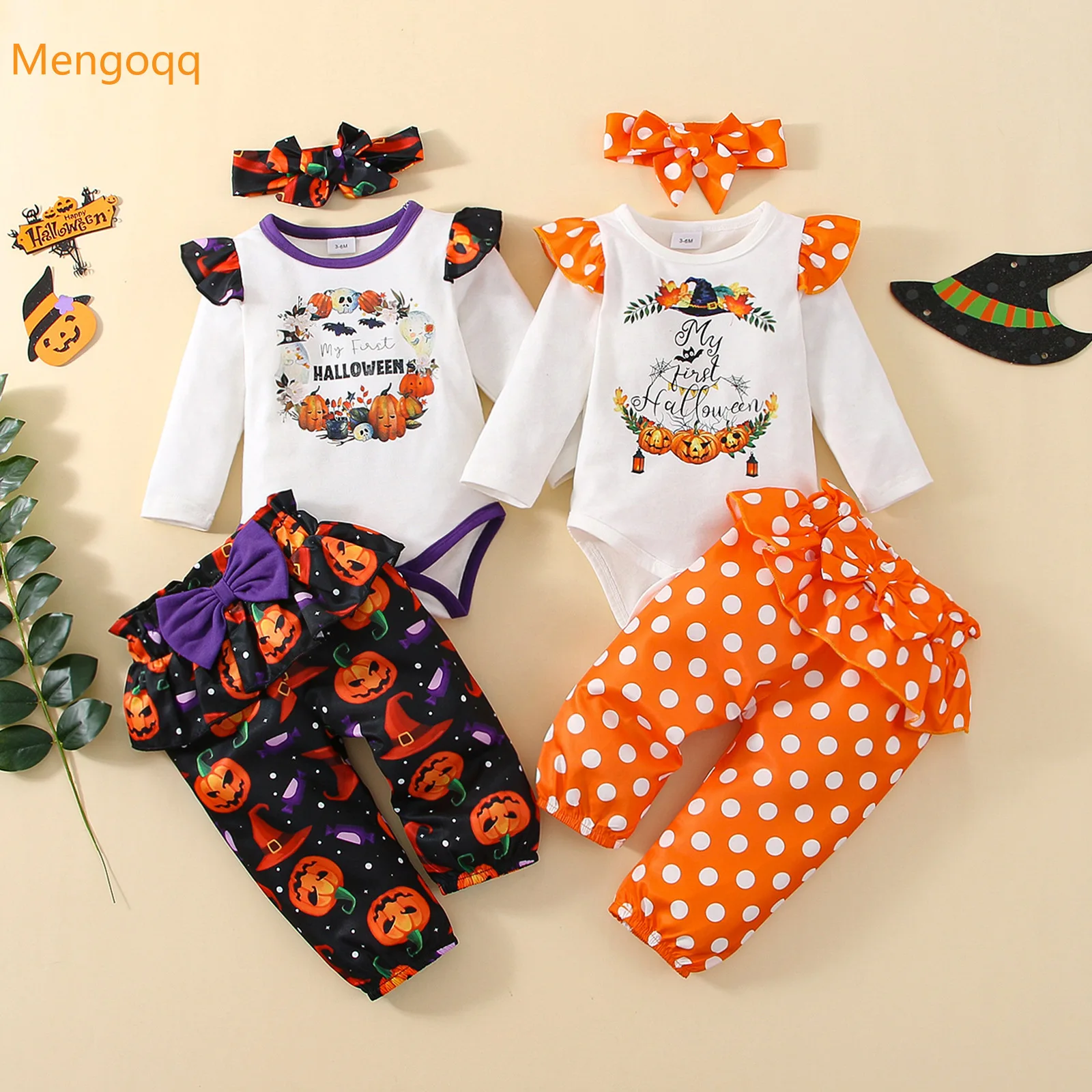 

Halloween Kids Baby Girls Print Ruched Cartoon Top Bodysuits Ruffles Pumpkin Trousers Headbands Children Clothing Set 3pcs 3-24M