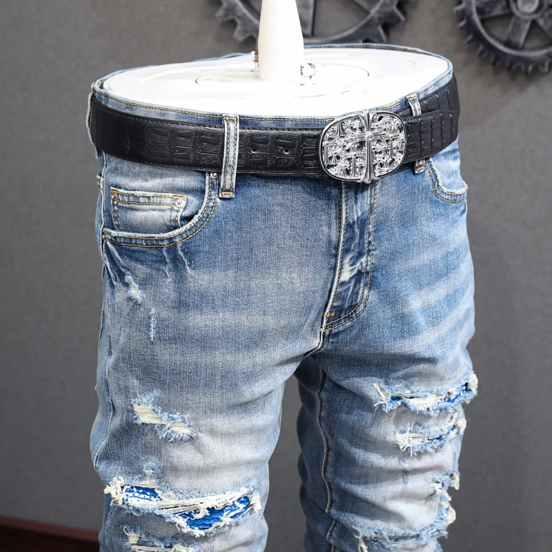 Streetwear Fashion Men Jeans Retro Blue Elastic Hole Skinny Ripped Jeans Men Patched Designer Stretch Hip Hop Brand Pants Hombre