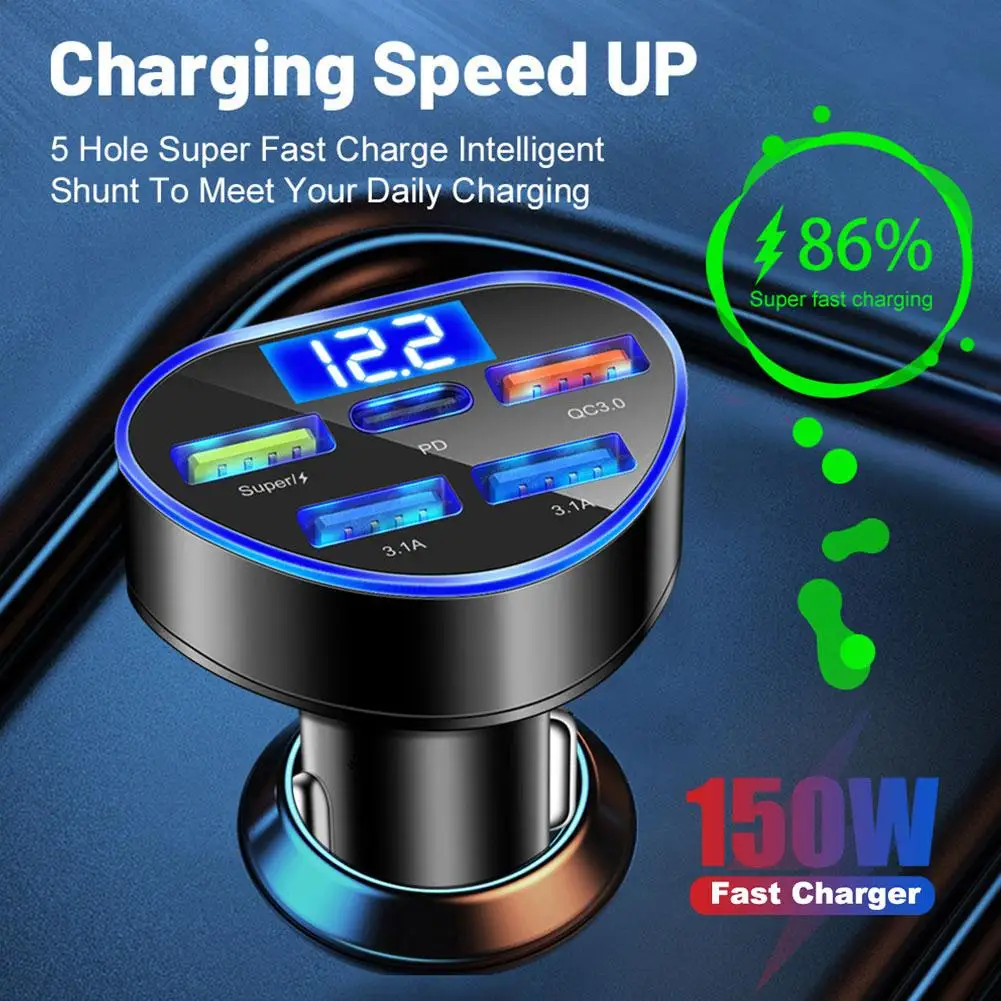 5 портов 150 Вт автомобильное зарядное устройство PD QC3.0 USB C быстрая зарядка для