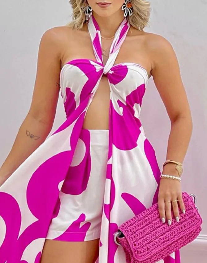 

Женский летний комплект из двух предметов, привлекательный Удлиненный топ с высоким разрезом и шорты с графическим принтом, повседневная одежда для отпуска, 2023