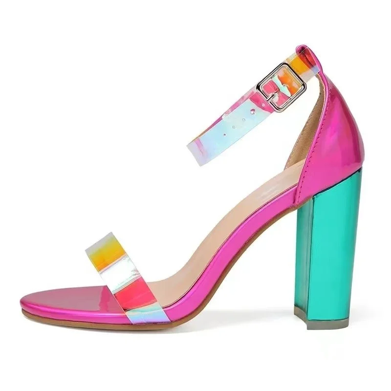 

Luxury Brand Design Summer High Heels Women's Thick Heel Sandals Sexy Open Toe with PVC Buckle Strap Square Heel Women Shoes