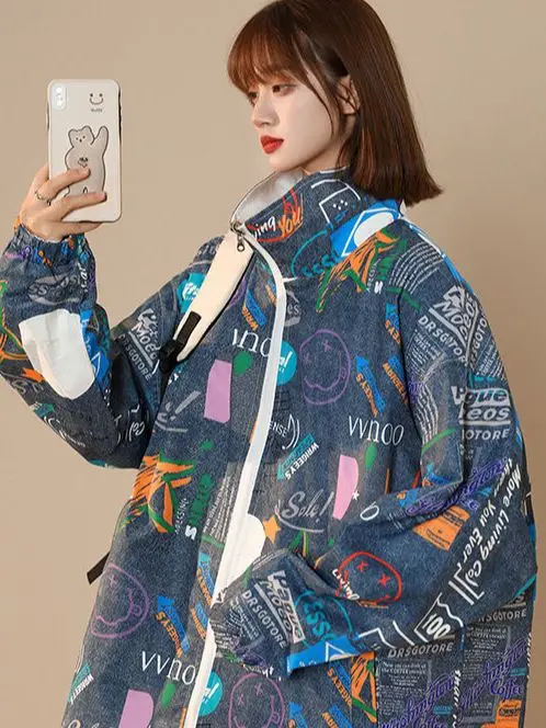 

Bomber Jacket Women Couple's Wear Both Sides Loose 2022 Spring Harajuku Graffiti Anime Print Street Hiphop Stand Collar Coat