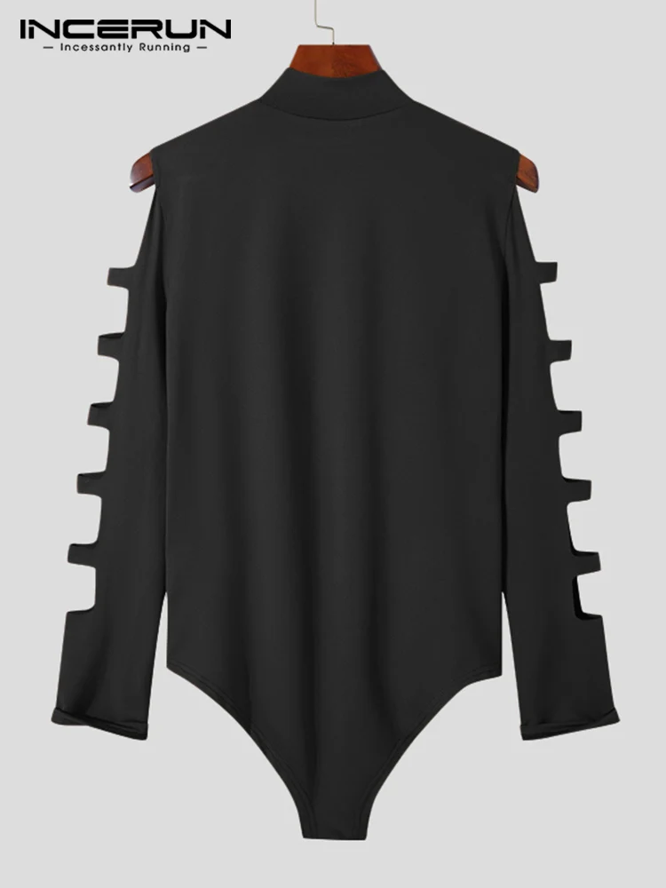 INCERUN Fashion Men's Long Sleeve Hollow Half Rompers Stylish Solid High Neck Homewear Elastic Knitting Triangle Jumpsuits S-5XL
