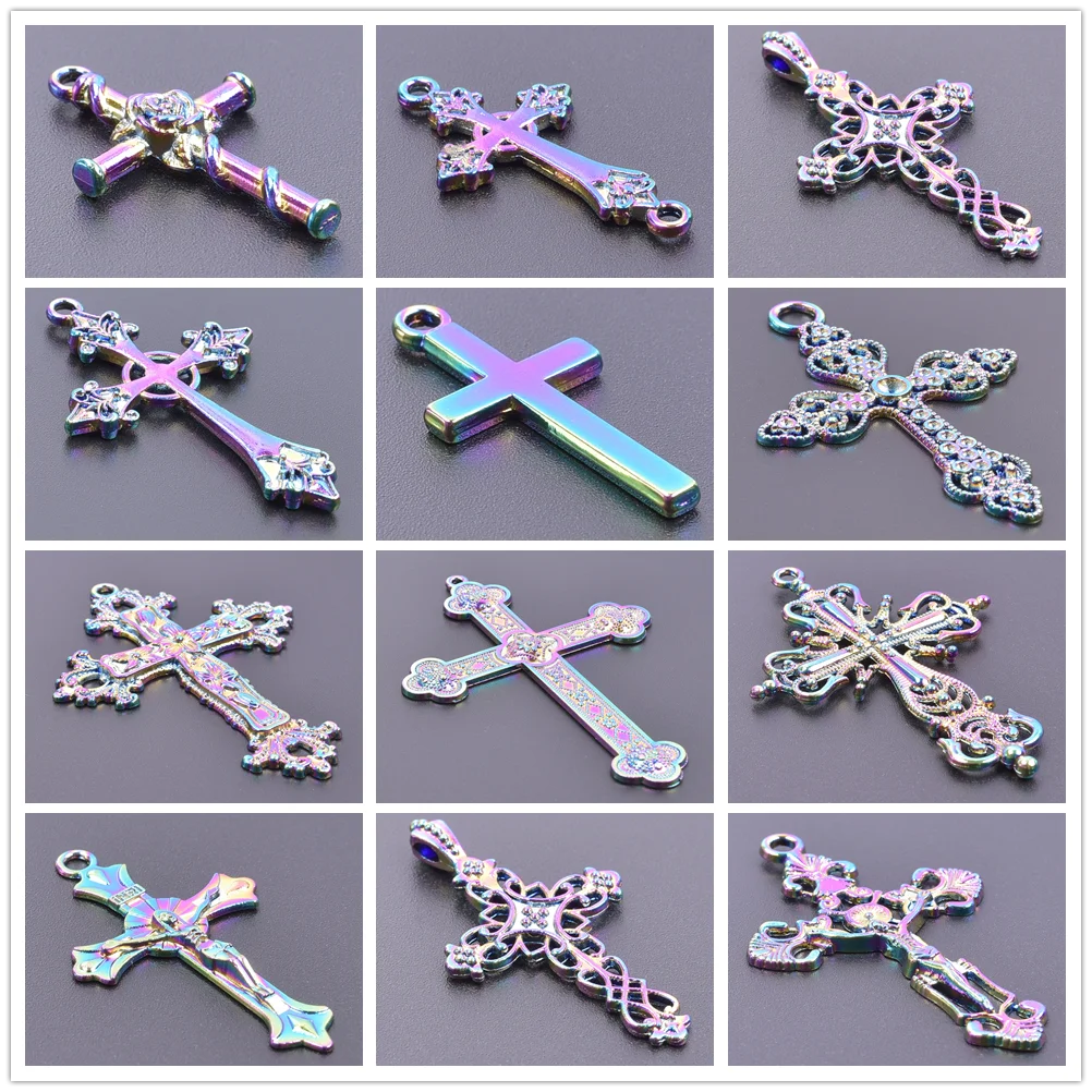 

6pcs/Lot Crosses Pendant Christ Jesus Charm Flower Cross Pendants For Jewelry Making Supplies Rainbow Mental Charms Religious