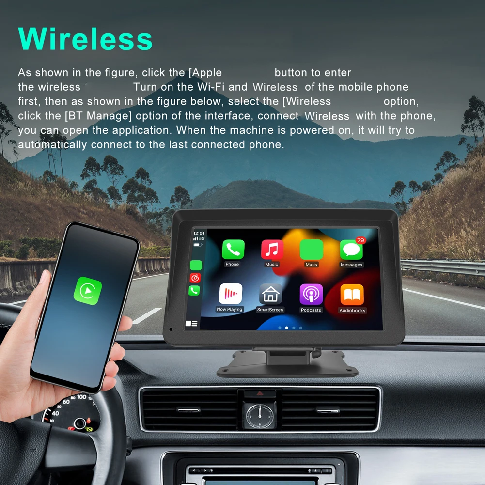 

7 Inch Car Radio HD 1024P Wireless Carplay Android Auto Multimedia Player Bulit-in Speaker FM Radio Voice Control FM Transmitter