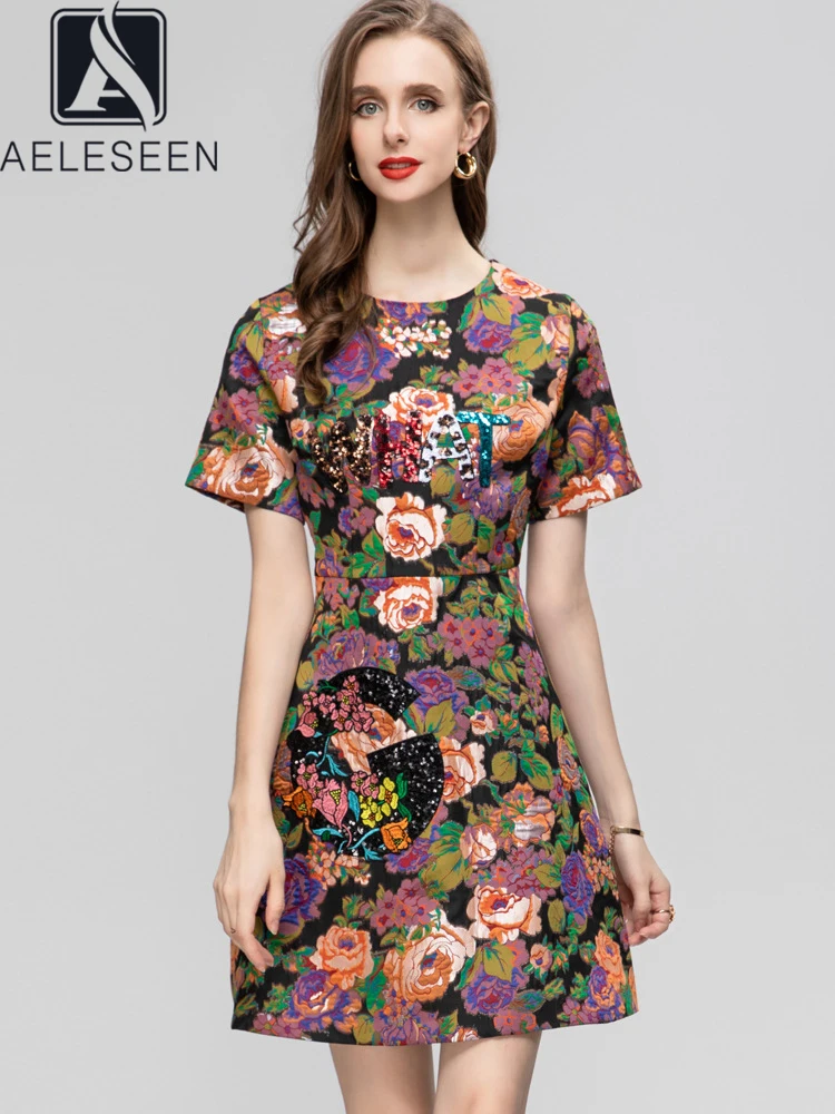 

Женское летнее платье AELESEEN, дизайнерское роскошное жаккардовое мини-вечерние с цветочным принтом и бисером