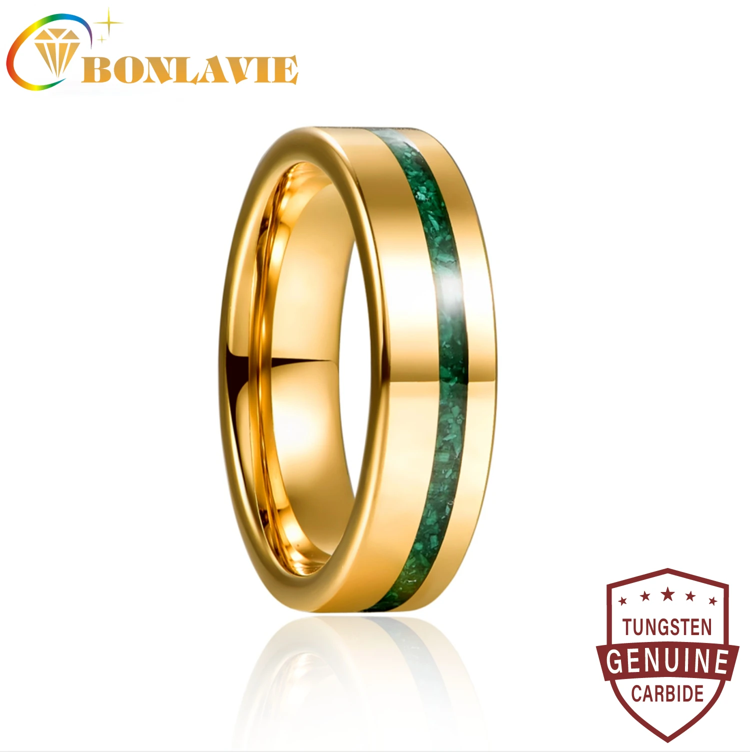 

BONLAVIE 6mm Gold Color Polished Inlaid Malachite Tungsten Steel Ring Men's Fashion Wedding Jewelry Best Gift Size 6-12
