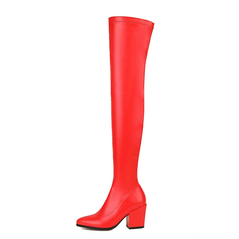 2022 Women Over the Knee Boots Fashion Pointed Toe Square High Heel Ladies Thigh Boots PU Leather Side Zipper Party Women's Boot