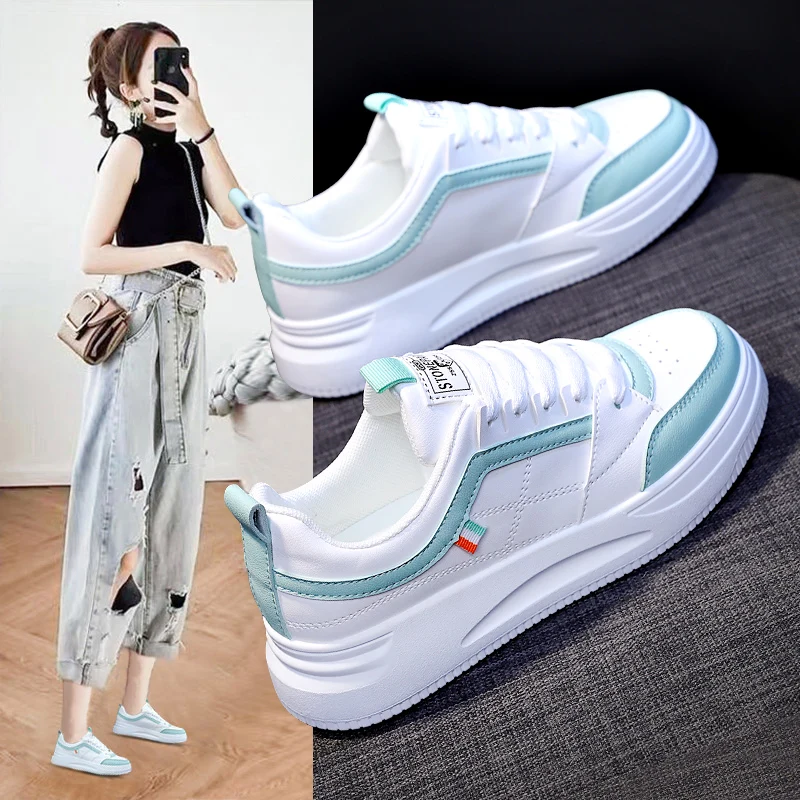 

2022 Spring New Woman Shoes Fashion PU Leather Skateboarding Shoes Ladies Breathable Flats Casual Shoes Low Top White Sneakers