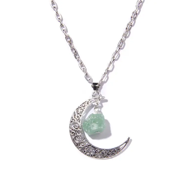 Silvery Color Crescent Moon Pendant Healing Crystals Stones Bead Raw Gemstone Charm Necklaces