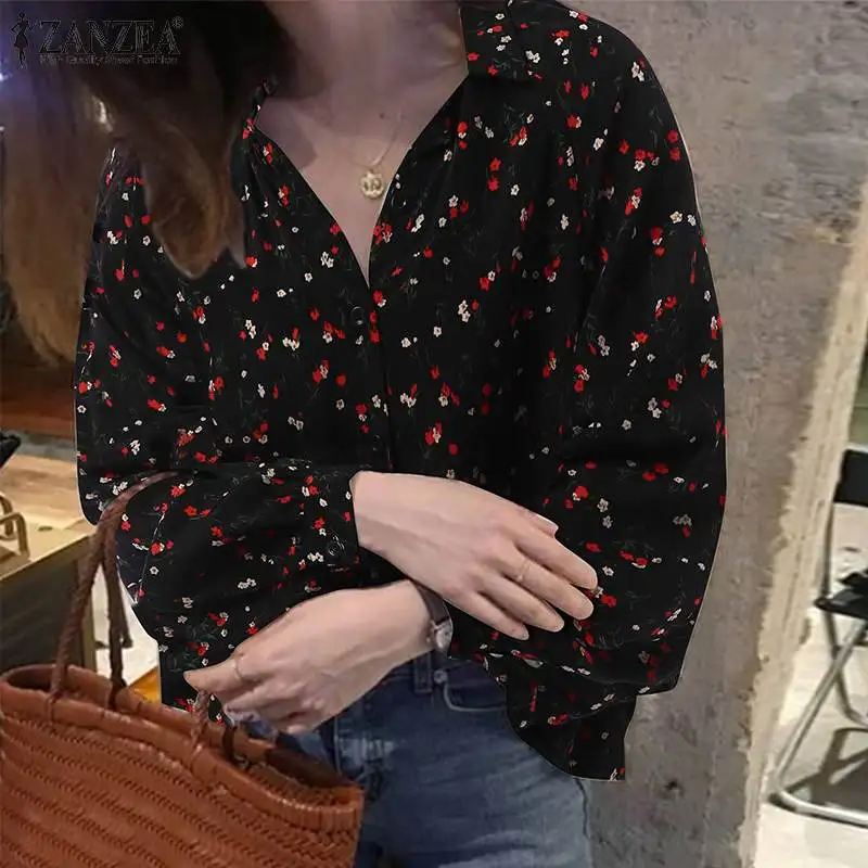 

ZANZEA Autumn Women Puff Sleeved Lapel Floral printed Vintage Holiday Blouse Bohemian Button Casual Loose Shirts Oversized Tops