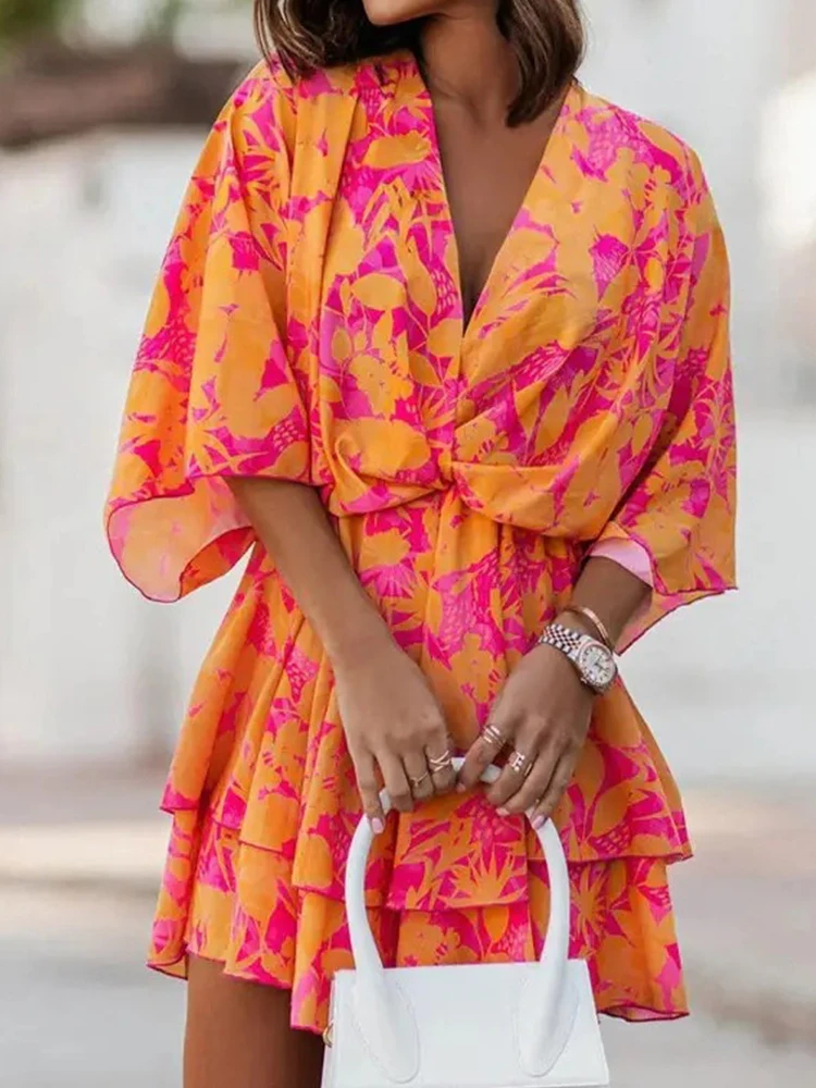 

Floral Print Chiffon Dress Women Summer Casual Loose Batwing Sleeve Dress Irregular Ruffles High Waist Boho Beach Party Dresses