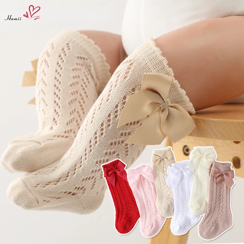 Summer Baby Girls Socks Toddlers Bow Long Sock Kids Knee High Soft Cotton Mesh Spanish Style Hollow Out Lace Stocking 0-12Months