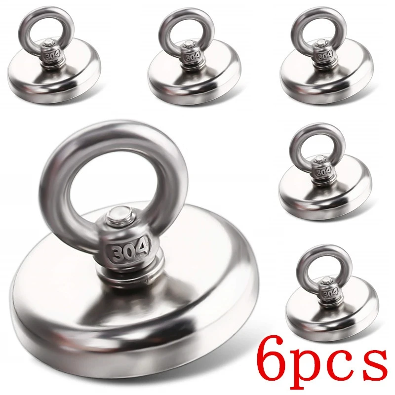 

Strong Neodymium Fishing Magnets 6 Pack, 100 lb Tension Rare Earth Magnets with Hole Eye Bolts for River and Magnetic Fishing