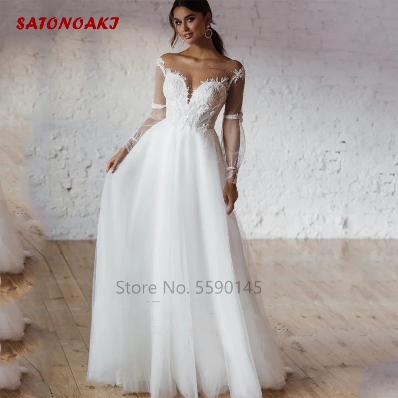 

Свадебное платье в стиле бохо, с кружевной аппликацией и круглым вырезом, трапециевидного силуэта, Тюлевое платье невесты с длинным рукавом...