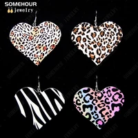 somehour animal skin leopard print heart earrings black zebra colorful cheetah fashion wooden drop dangle jewelry for women gift