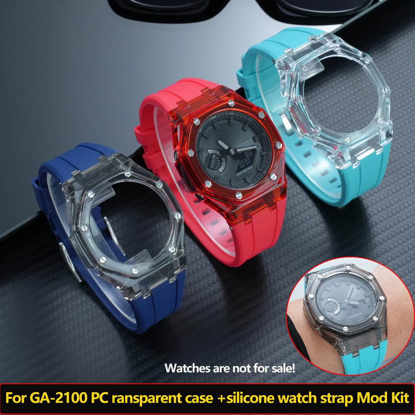 Фото Прозрачный корпус GA-2100 PC, комплект для модификации Casioak G-Shock GA2110 GAB2100, модифицированная рамка, спортивный силиконовый ремешок для часов. №1