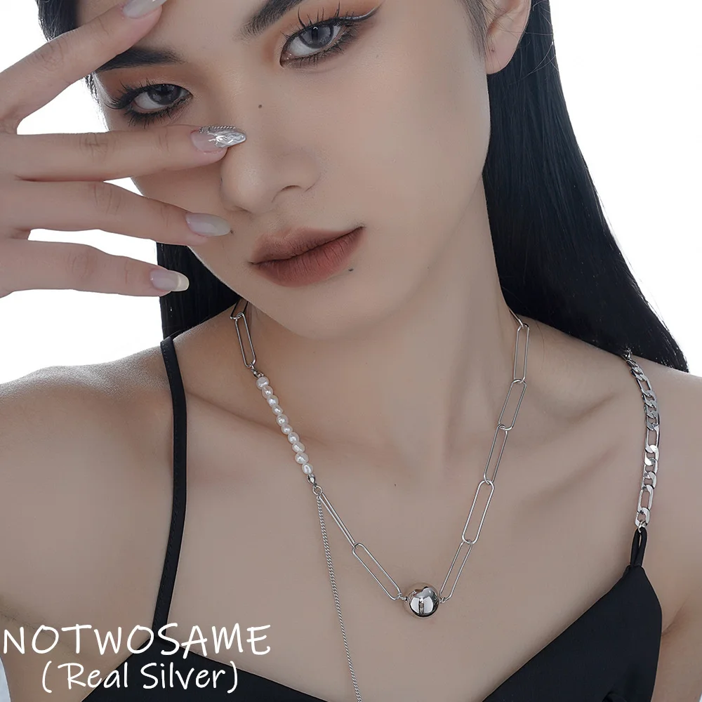 

NOTWOSAME Ins Popular Pins Chains Necklaces for Women Natural Pearls Necklaces Mirror 925 Sterling Silver Balls Tassels Jewelry