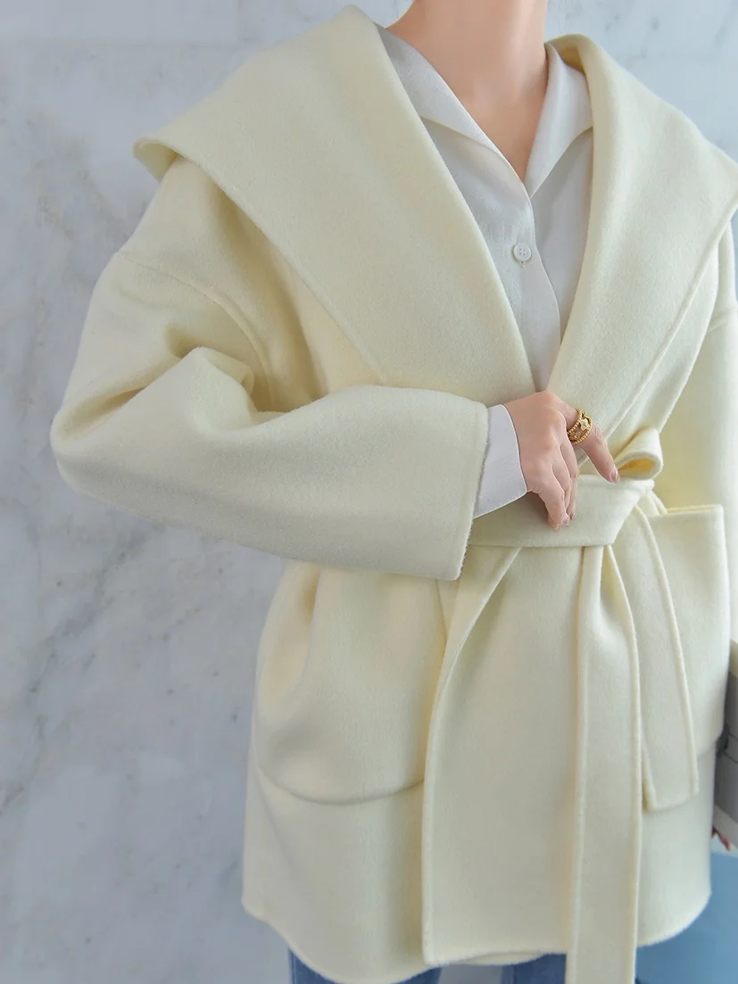 

Маленькое короткое двустороннее кашемировое пальто с капюшоном, новое розовое шерстяное пальто на шнуровке для женщин, осень/зима 2023