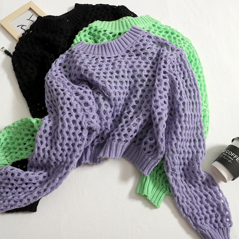 

Mesh Sunscreen Knitted Casual Black Sweater Tops 2022 Summer New Korean Women's Long-sleeved Outer Hollow Short Tops Student