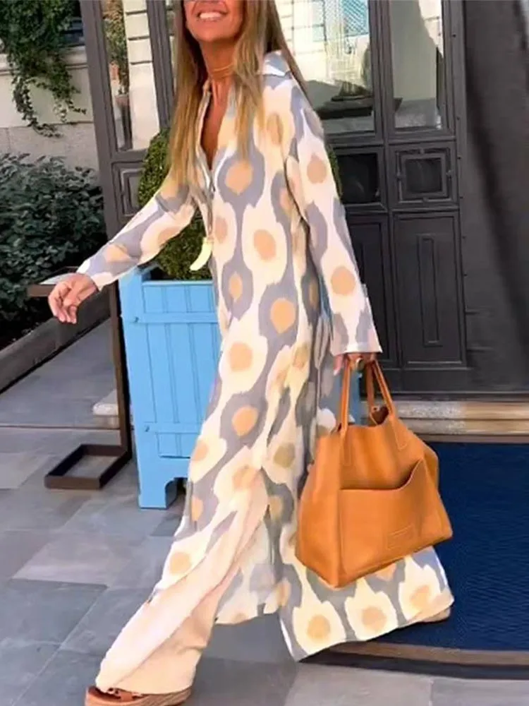 

Women Geometric Printing Split Maxi Dresses Summer Long Sleeve V Neck Causal Vestidos Fashion Ladies Vintage Boho Beach Robe